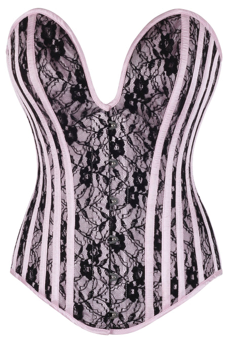 Pink Overbust Corset with Black Lace Overlay and Plunge Neckline