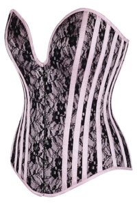 Pink Overbust Corset with Black Lace Overlay and Plunge Neckline