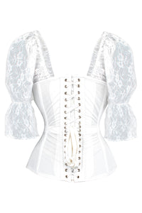 White Mesh Overbust Bridal Corset with Lace Sleeves