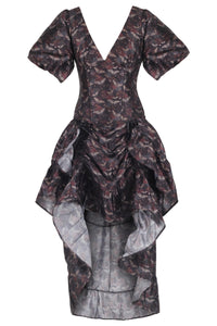 Dark Romantic Corset Gown with Puff Sleeves and Draped High-Low Skirt