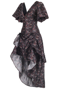 Dark Romantic Corset Gown with Puff Sleeves and Draped High-Low Skirt
