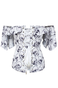 Corset Story CSFT168 White And Grey Skull Gothic Corset Top With Frilled Sleeve